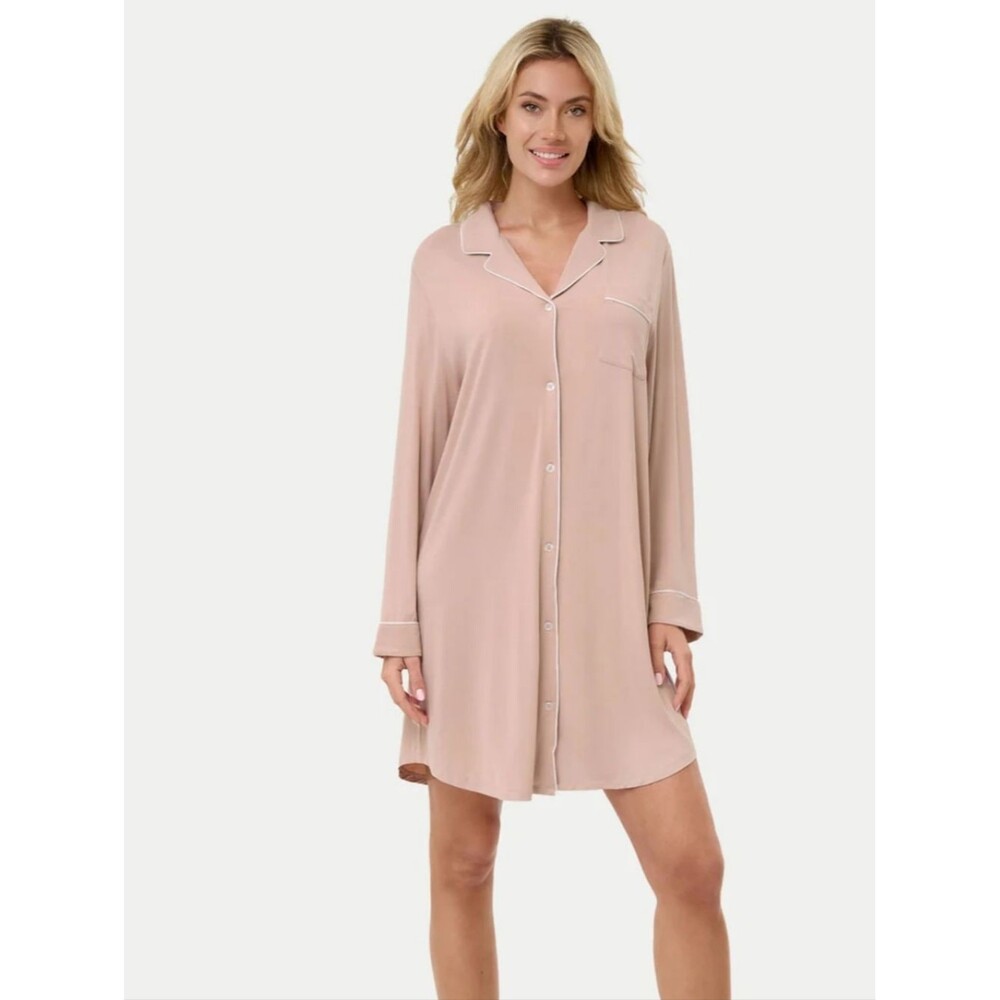 Eden & Om Bamboo Pajama Nightshirt Sepia Rose Blush Button-Down Sleep Shirt L